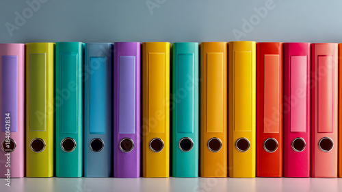 Row of colorful ring binders organizing office documents