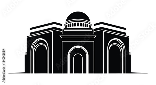 Detailed architectural rendering of a grand building with a dome a striking black silhouette