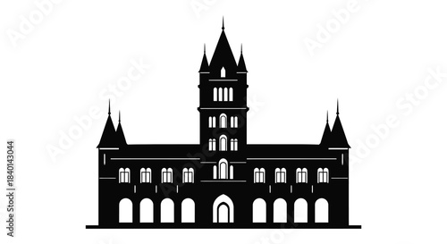 Detailed depiction of a gothic castle with multiple towers and arched windows a striking silhouette