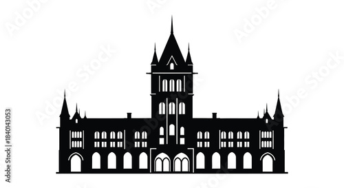 Detailed black silhouette of a gothic style castle with multiple towers and arched windows silhouette