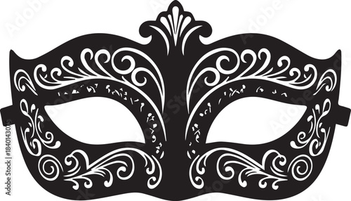 Ornate black masquerade mask with swirling decorative patterns