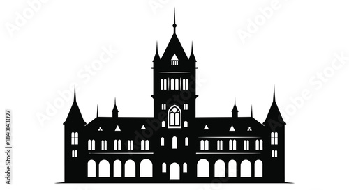 Striking black silhouette of a gothic style building with detailed spires and arched windows silhouette