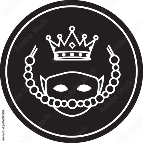 Stylized crowned mask with pearl necklace on black circle emblem