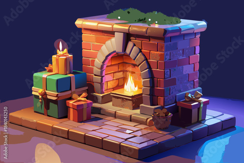 Isometric Christmas Fireplace with Gifts and Candles Illustration Vector