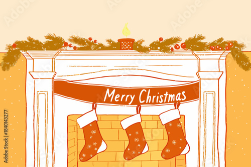 Merry Christmas Fireplace with Stockings and Garland Hand-Drawn Illustration Vector