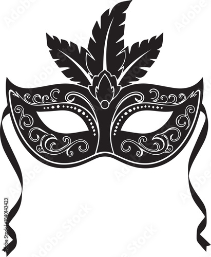 Ornate black masquerade mask with feathers and ribbons
