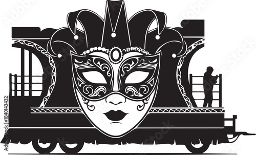 Ornate masquerade mask adorned parade float on wheels
