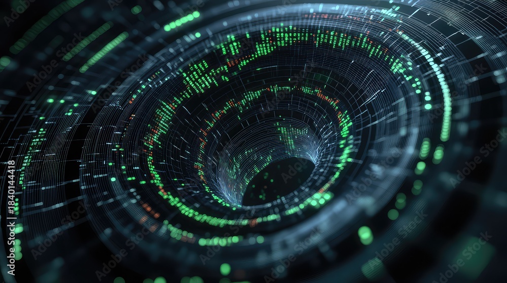 Fototapeta premium holographic stock market ticker tape, flowing in a complex, three-dimensional spiral, with bullish and bearish trends represented by glowing green and red particles, sophisticated financial data viz.