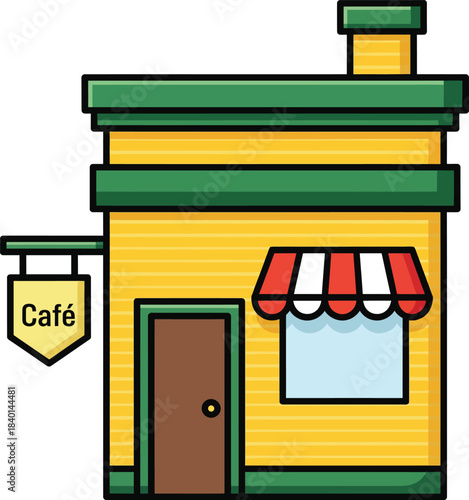 A charming twostory cartoon cafe illustration with a yellow facade green roof and red striped awning.