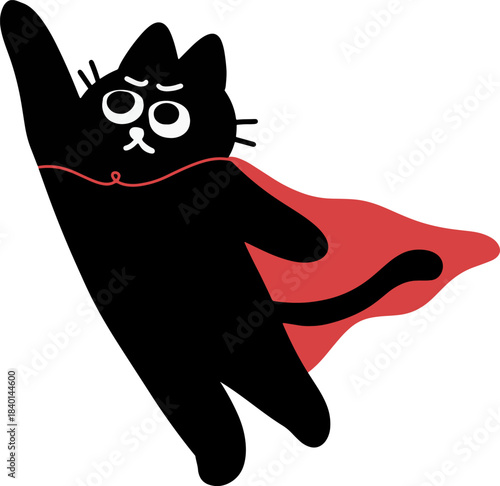 Super Black Cat Flying with Red Cape Vector Illustration