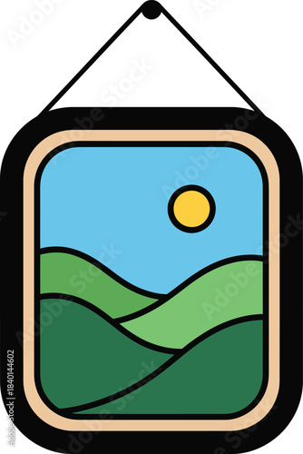 A stylized vector illustration of a framed landscape painting with rolling green hills a blue sky and a sun hanging from a string.