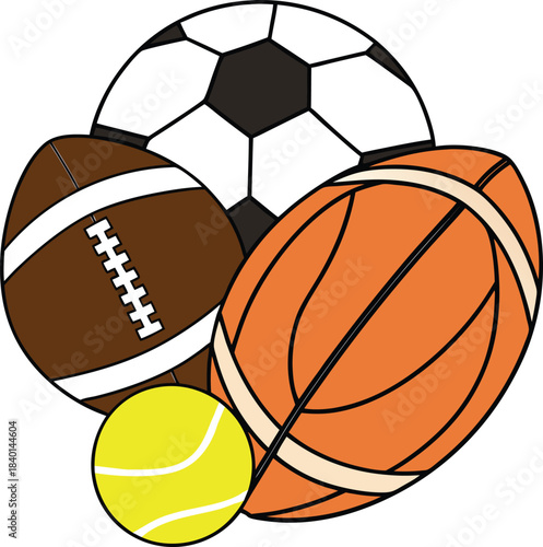 Stacked soccer ball, football, basketball, and tennis ball create a sports gear collection