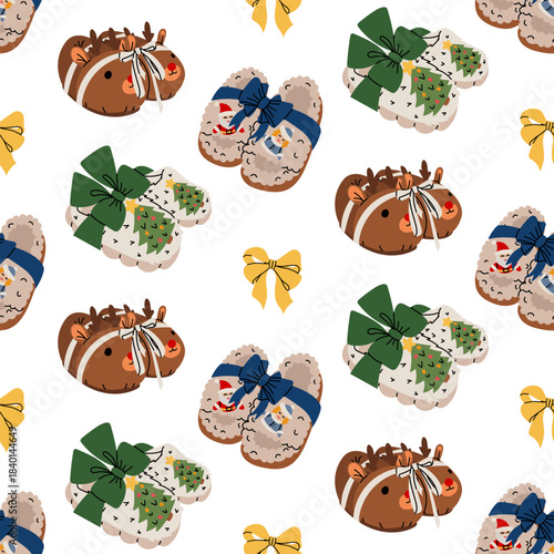 Seamless pattern with cozy variety of Christmas slippers tied with ribbons with bows like a gift under the tree. Flat texture. Colorful flat print in scribble style for festive fabric, wrapping paper