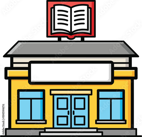 A vibrant cartoon illustration of a yellow library building with a prominent red open book sign on its roof.