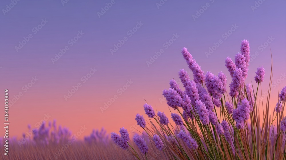 Fototapeta premium Breathtaking Lavender Field at Dusk with Soft Purple Blooms Against a Colorful Sky Exhibiting a Serene and Tranquil Atmosphere of Nature's Beauty