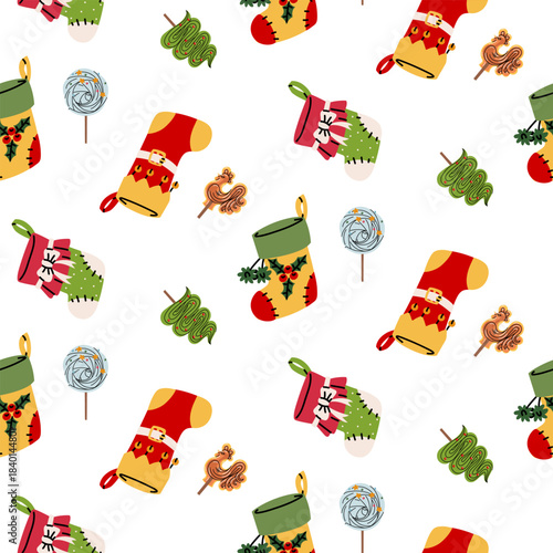 Seamless pattern with Christmas stockings and marshmallows, lollipops. Santa's sweets for good children. Colorful flat-caroo textile print, perfect for holiday wrapping paper, festive fabric, digital