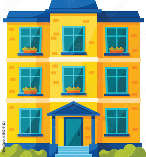Bright yellow threestory apartment building with a blue roof windows and entrance depicted in a flat vector style.