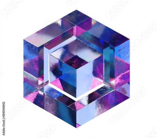 Nested clear iridescent cubes create a 3D optical illusion