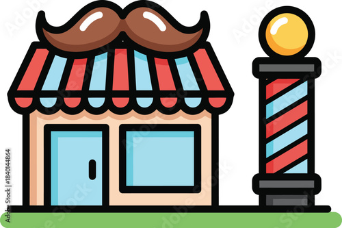 Cartoon Barbershop Icon with a Mustache Roof and Striped Barber Pole.