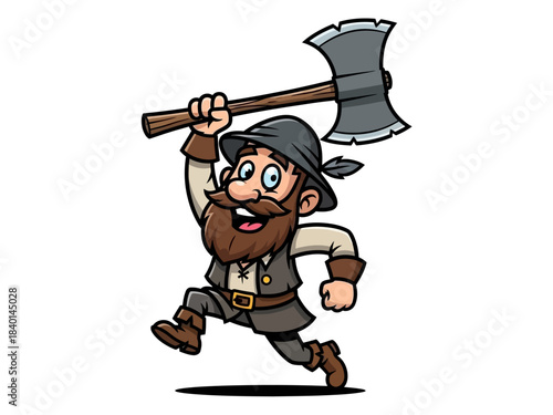 Funny Cartoon Lumberjack Illustration – Bearded Man Running with Axe