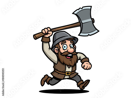 Funny Cartoon Lumberjack Illustration – Bearded Man Running with Axe
