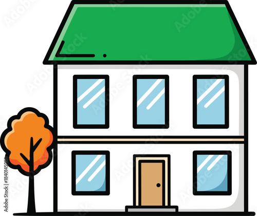 Cartoon illustration of a twostory white house with a green roof and a small autumn tree.