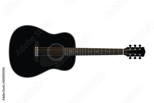 Sleek black acoustic guitar isolated on a clean white background, ready for music creation.