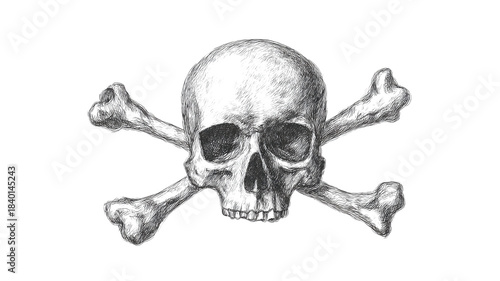 Hand-drawn sketch style skull and crossbones, sharp pencil lines, white background, 169