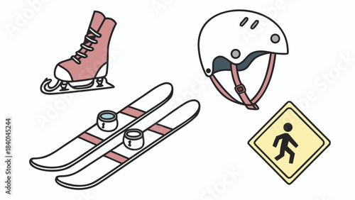Collection of winter sports equipment and safety gear including ice skates skis helmet and pedestrian crossing sign isolated on white background
