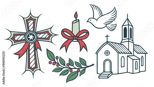 Christian religious symbols collection including a cross candle dove church and holly branch for spiritual and holiday design elements