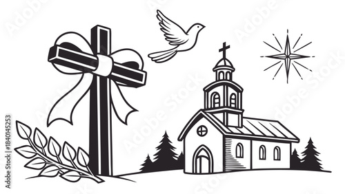Christian cross with ribbon dove church and compass rose religious symbols for faith and spirituality isolated on white background