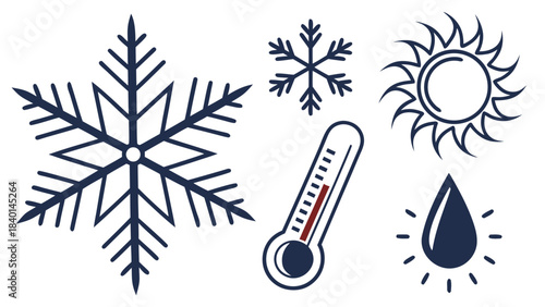 Collection of weather icons including snowflake sun thermometer and water drop flat vector design for climate and meteorology concepts isolated on white