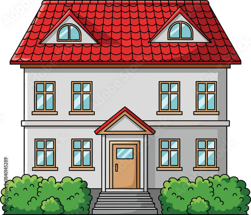 Classic twostory cartoon house with a vibrant red tile roof white walls and symmetrical dormer windows.