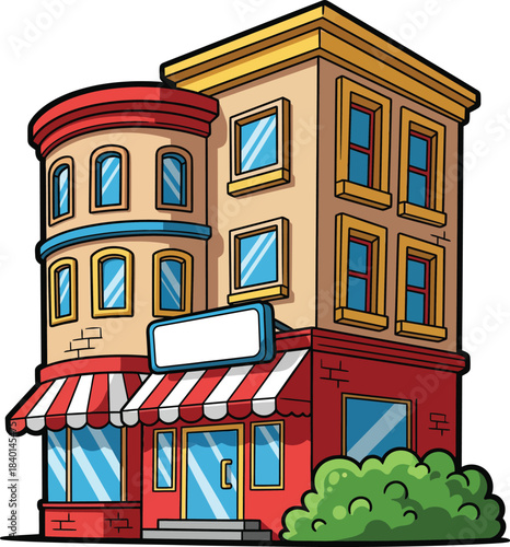 Colorful cartoon corner storefront building with a red and white striped awning and rounded turret.
