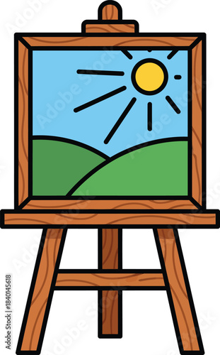 Colorful illustration of a wooden artists easel with a framed sunny landscape painting.