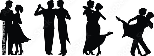 Ballroom dance silhouette couples, elegant posture, formal attire, black figures, minimal style, graceful movement, romantic gesture, performance art, coordination