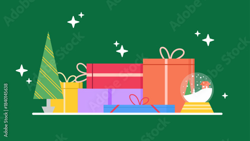 Flat Christmas Decoration Illustration with Gifts and Snow Globe