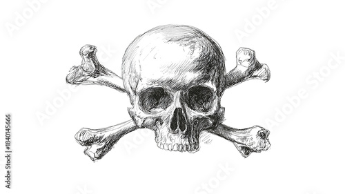 Hand-drawn sketch style skull and crossbones, sharp pencil lines, white background, 169