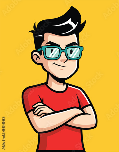 Confident cartoon young man with spiky black hair teal glasses and a red shirt posing with arms crossed and a smirk.