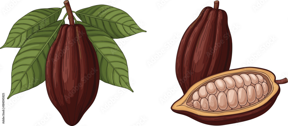 Naklejka premium Two dark brown cocoa pods, one on a branch with green leaves, and a halved pod cacao bean