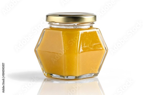 Golden Nectar's Embrace: A hexagon glass jar holds a viscous, amber-hued liquid. A symbol of nature's sweet rewards
