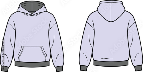 Oversized Two-Tone Pullover Hoodie Technical Fashion Flat CAD Vector Drawing Front and Back Views Template for Streetwear Apparel Design and Production