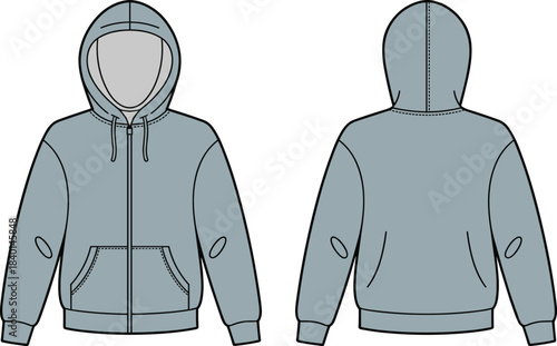 Zip-Up Hoodie with Elbow Patches Technical Fashion Flat CAD Vector Drawing Front and Back Views Template for Apparel Design, Production, and Blank Garment Mockup Illustration