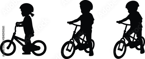 Children bicycle silhouette, helmet safety, cycling posture, riding stages, outdoor activity, balance learning, kid motion, black illustration, sport gesture, youth biking