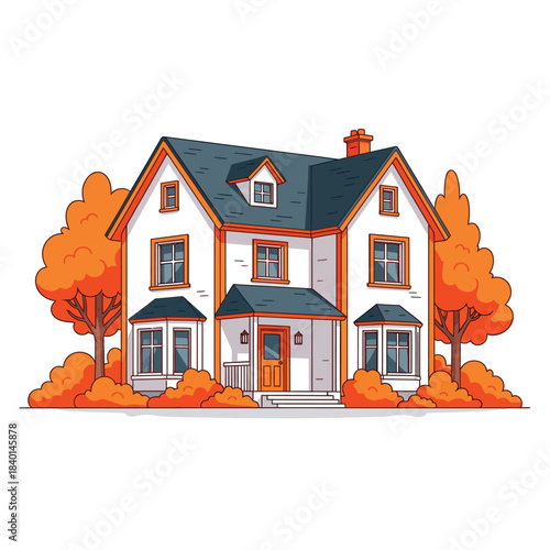 Illustrated white twostory house with a dark gabled roof orange trim and autumn foliage.
