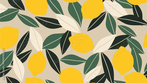 Bright yellow lemons nestle among stylized leaves in shades of deep forest green and pale cream, creating a fresh, modern citrus pattern against a neutral beige background