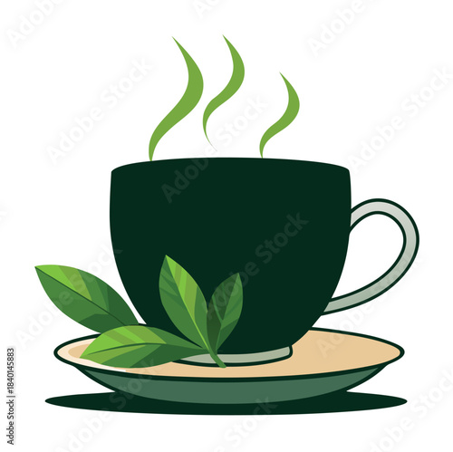 A dark green cup of hot tea emits wisps of steam, accompanied by fresh green tea leaves resting on a light brown saucer.