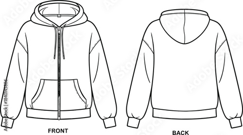 Oversized Drop-Shoulder Zip-Up Hoodie Technical Fashion Flat CAD Vector Drawing Front and Back Views Template for Urban Streetwear Apparel Design, Production, and Blank Garment Mockup Illustration