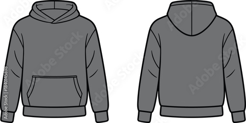 Dark gray hooded sweatshirt front back view, fashion flat sketch, casual garment design, vector template, apparel mockup, cad drawing flat vector