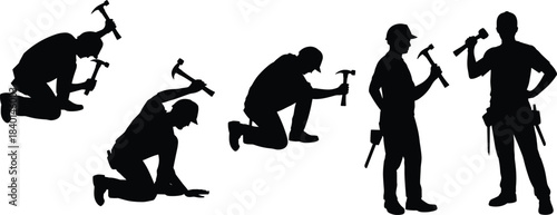 Construction, worker, silhouette, hammer, posture, kneeling, standing, tool belt, hard hat, black, white, graphic, labor, repair, manual, building, gesture, illustration, minimal, activity, motion